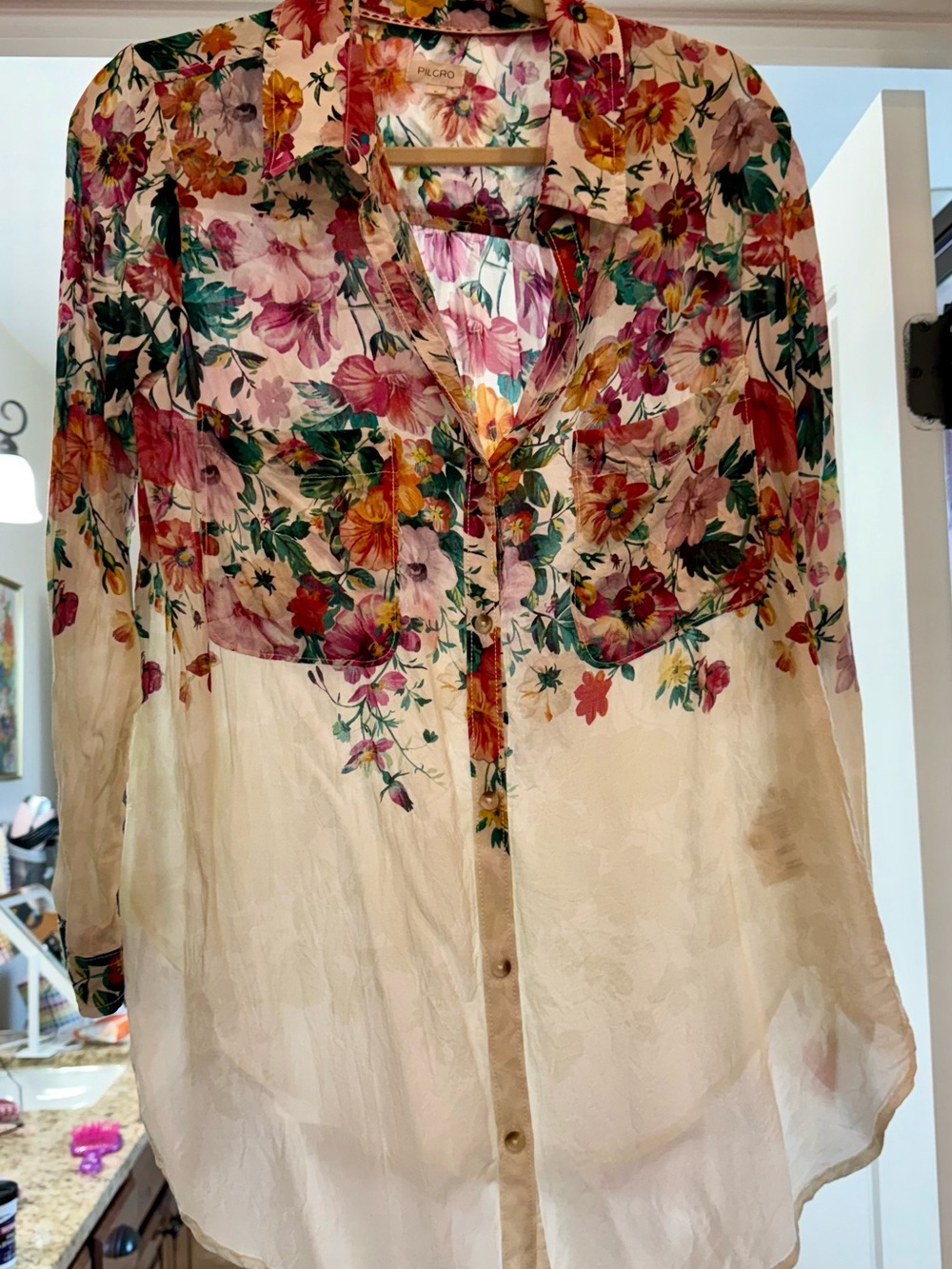 Pilcro Floral Button-Down Sheer Blouse XL